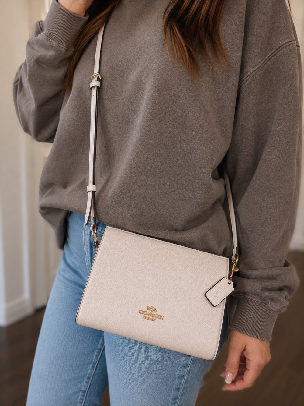 Coach Pebbled Leather Crossbody Bag in Light Beige